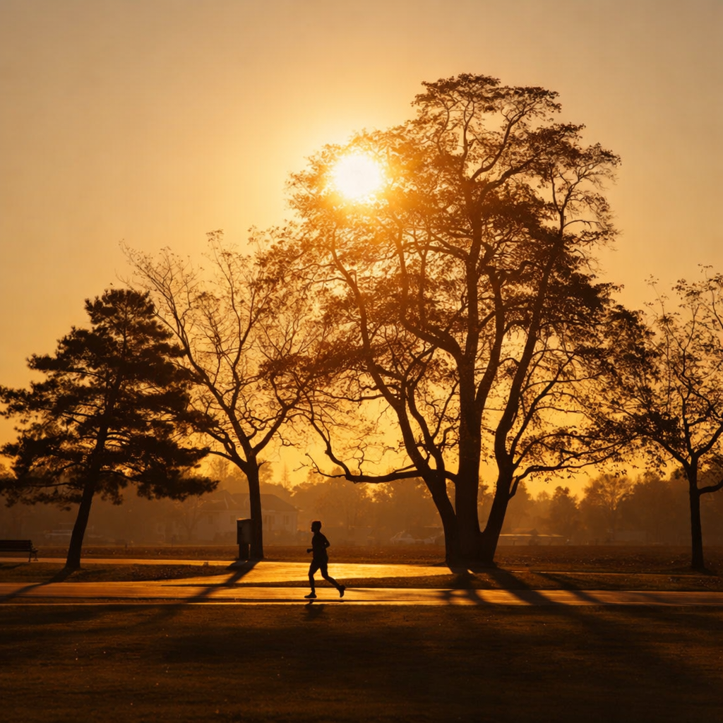 पार्क के लाल मिट्टी वाले ट्रैक पर दौड़ते हुए धावक