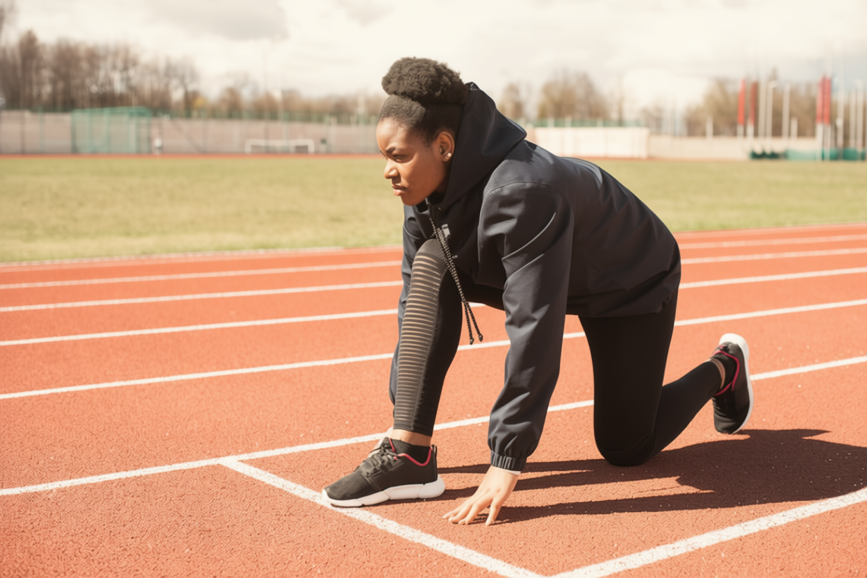 ट्रैक पर रनिंग ड्रिल्स करता हुआ एथलीट