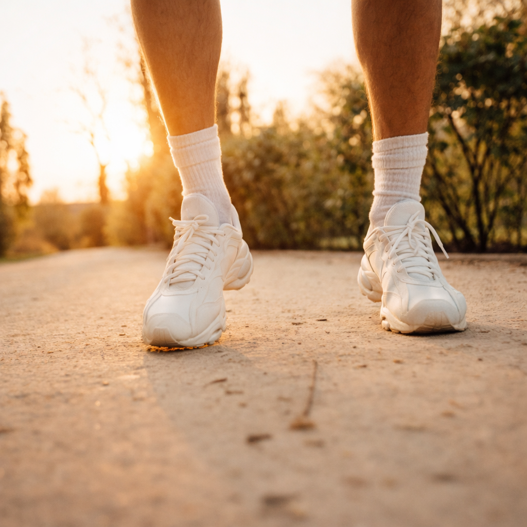 शाम के समय पक्की सड़क पर जूते का क्लोज-अप