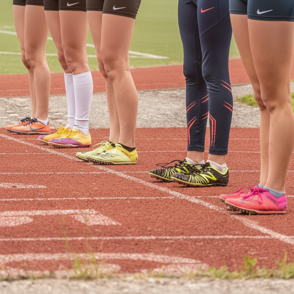 Athletes in colorful running spikes