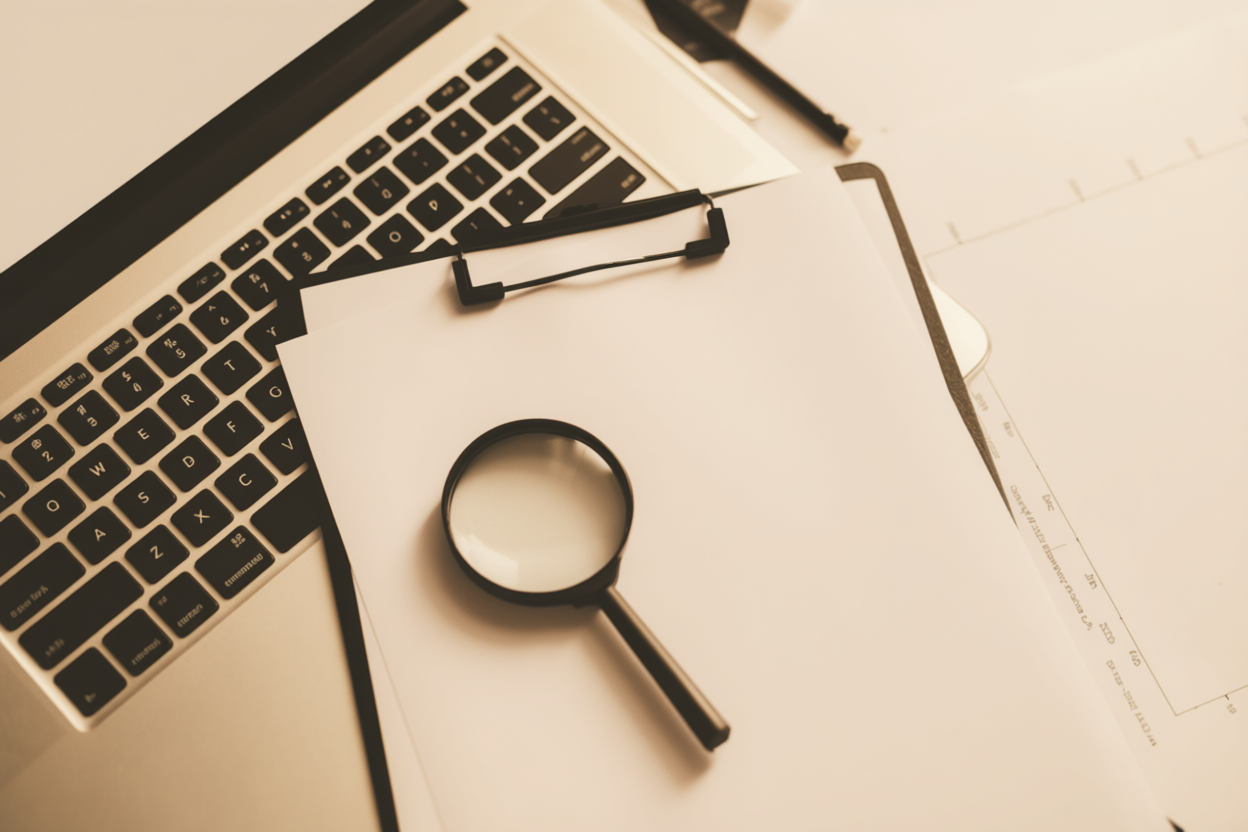 A laptop, clipboard with blank