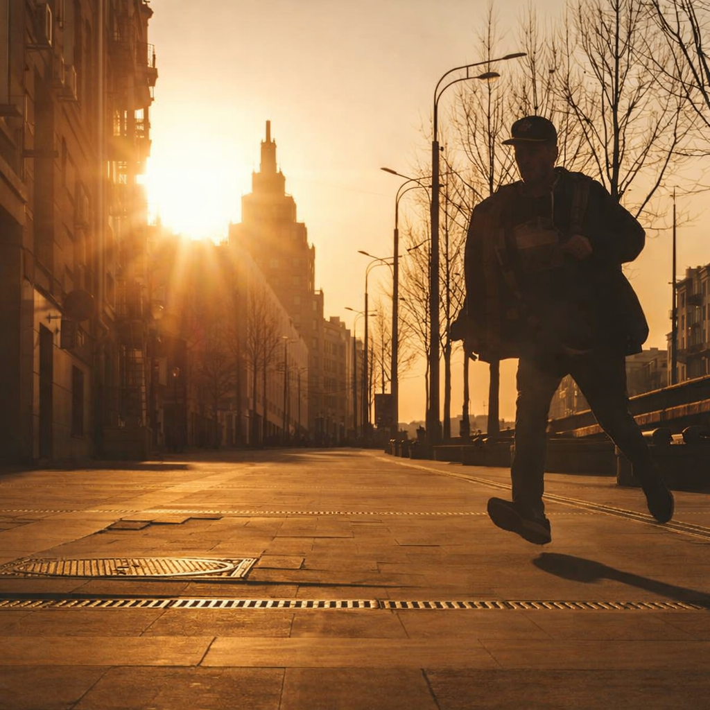 A silhouette of a person jumps