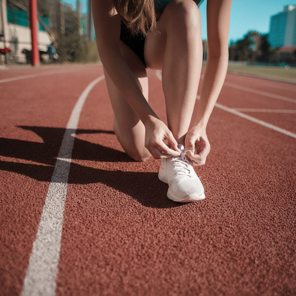 A runner ties light pink laces