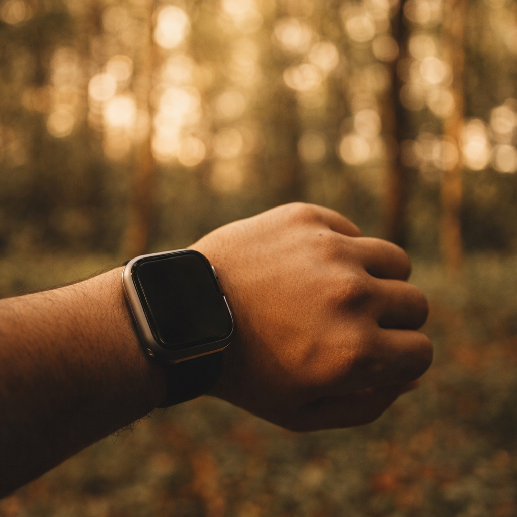 A hand wearing a smartwatch against