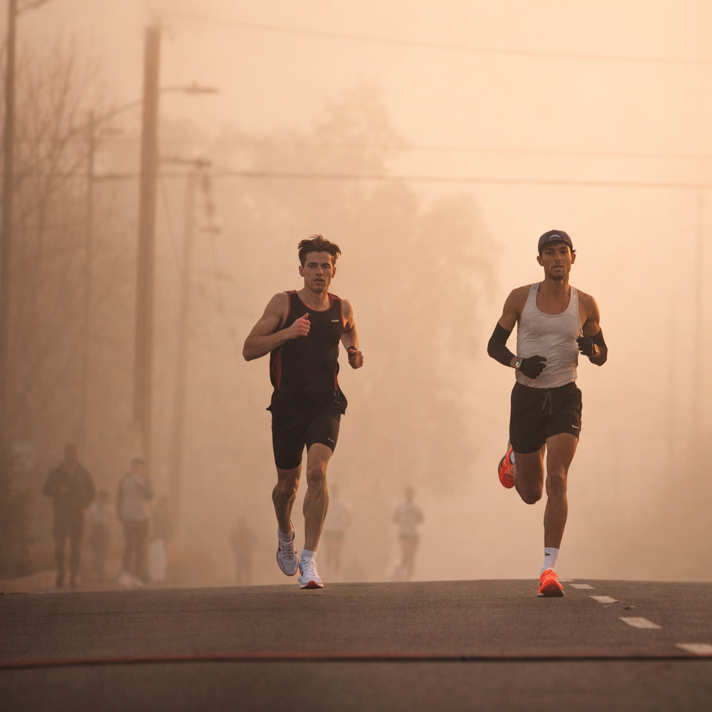 Two runners power through a misty