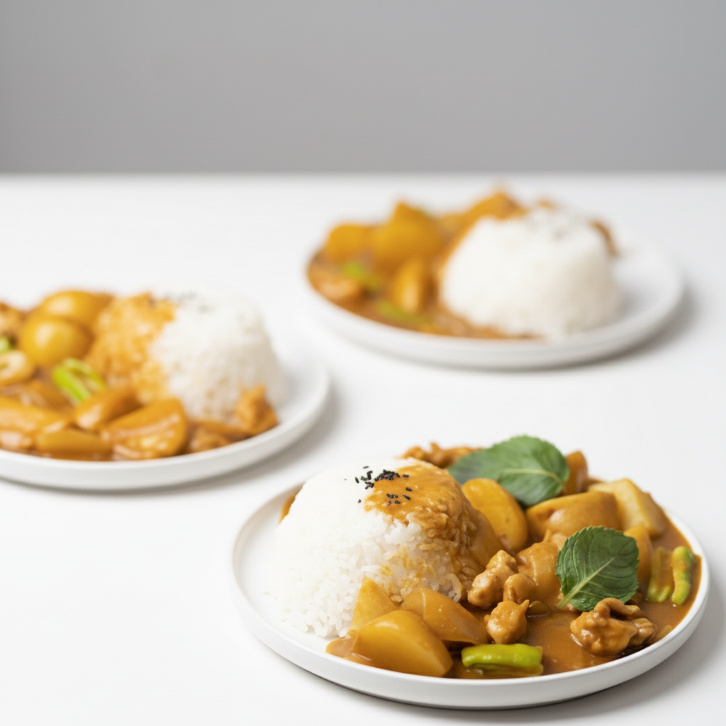 Three plates of golden chicken curry