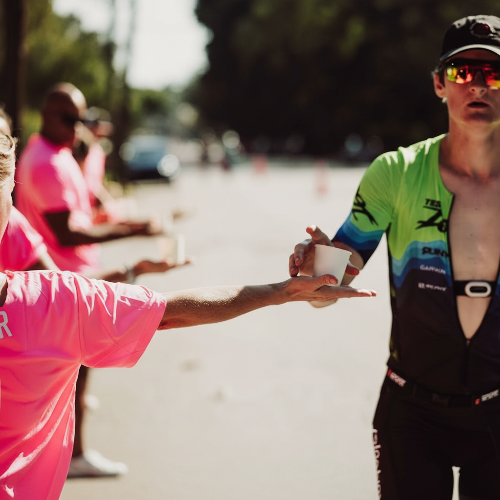 मैराथन के दौरान हाइड्रेशन स्टेशन पर पानी लेते धावक