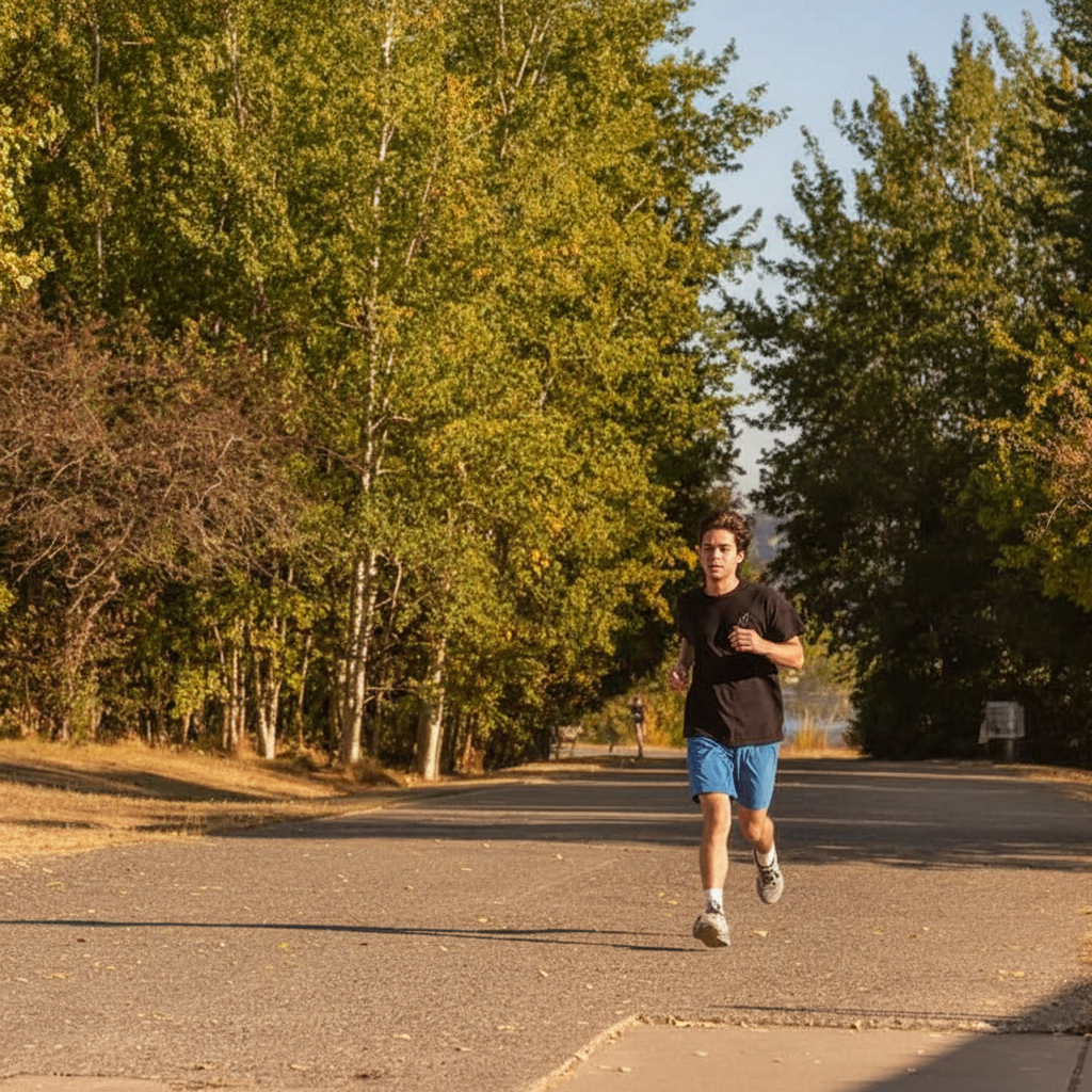 पार्क के पक्के रास्ते पर सुबह दौड़ता हुआ एक व्यक्ति