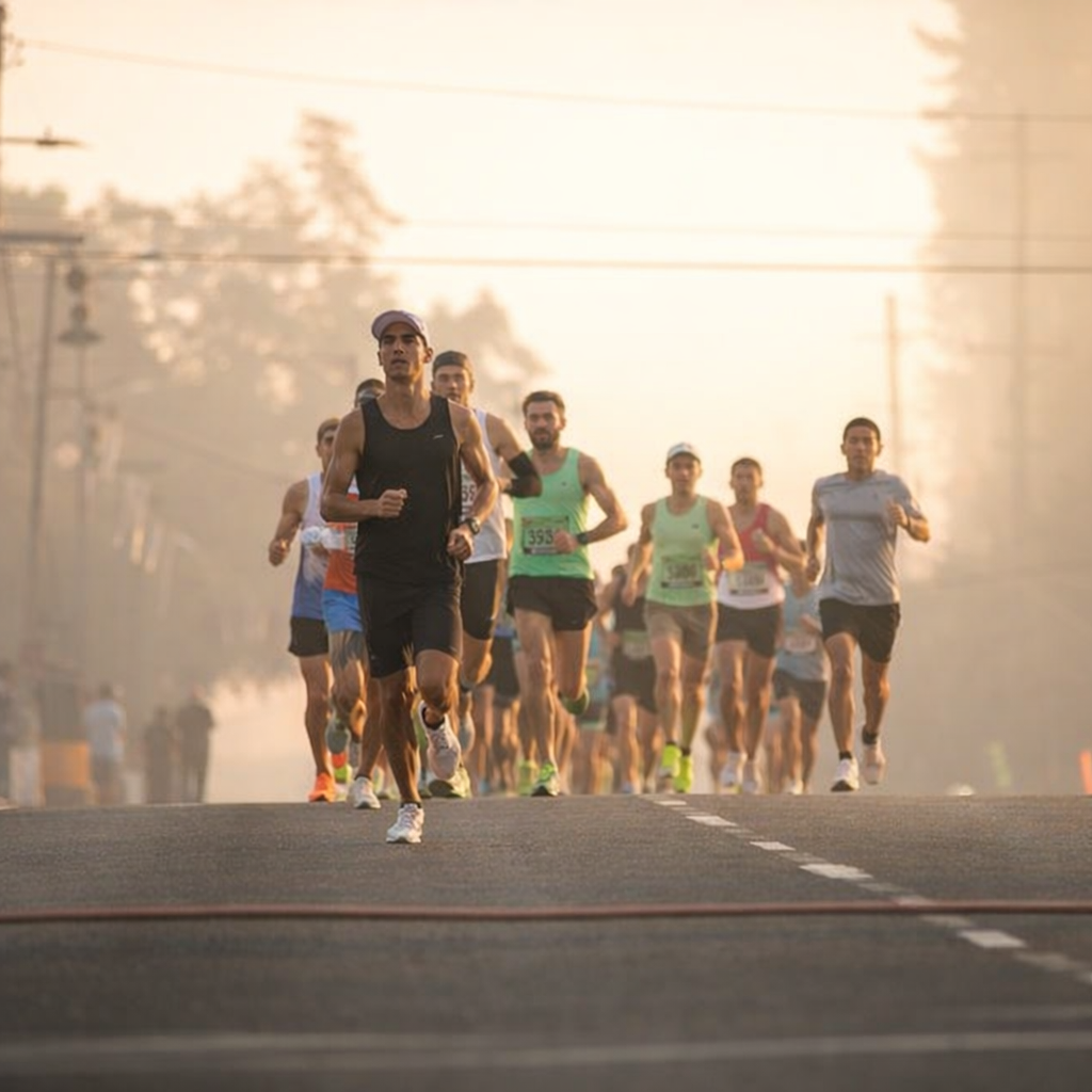 सुबह के समय मैराथन दौड़ते हुए भारतीय धावक