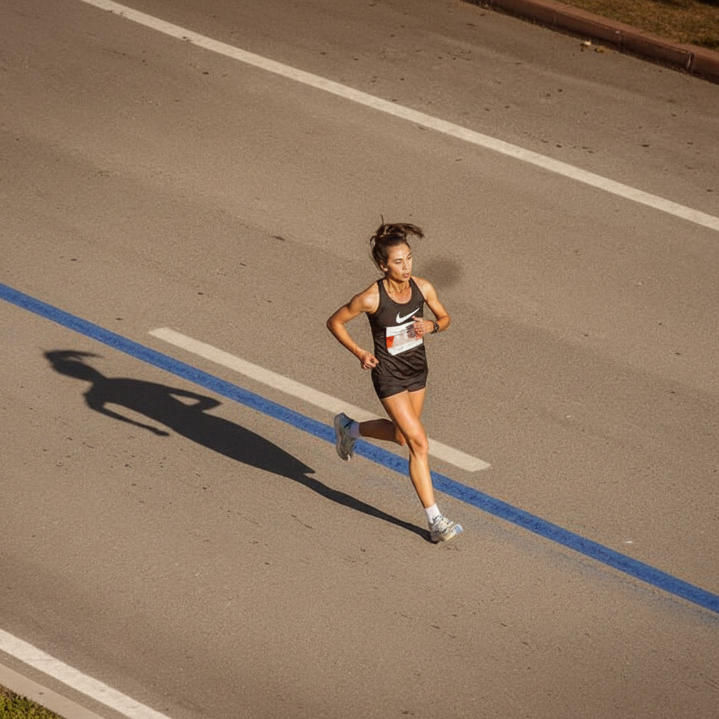 A determined female runner, clad
