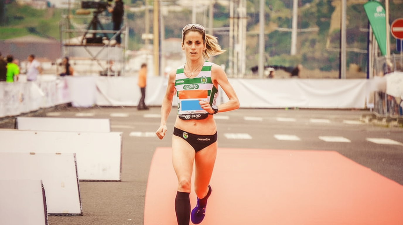 A determined female runner, clad