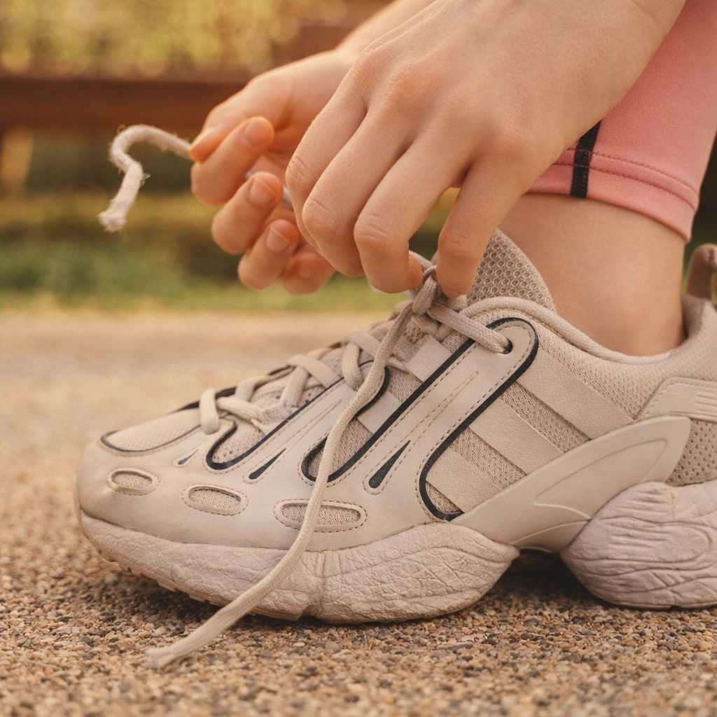 ट्रेनिंग रन से पहले सीढ़ियों पर बैठकर जूते के फीते बांधता धावक