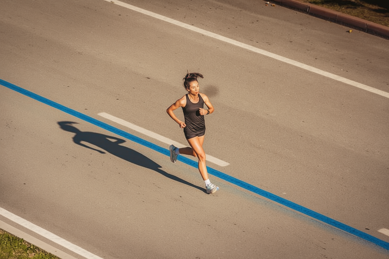 A determined female runner in black