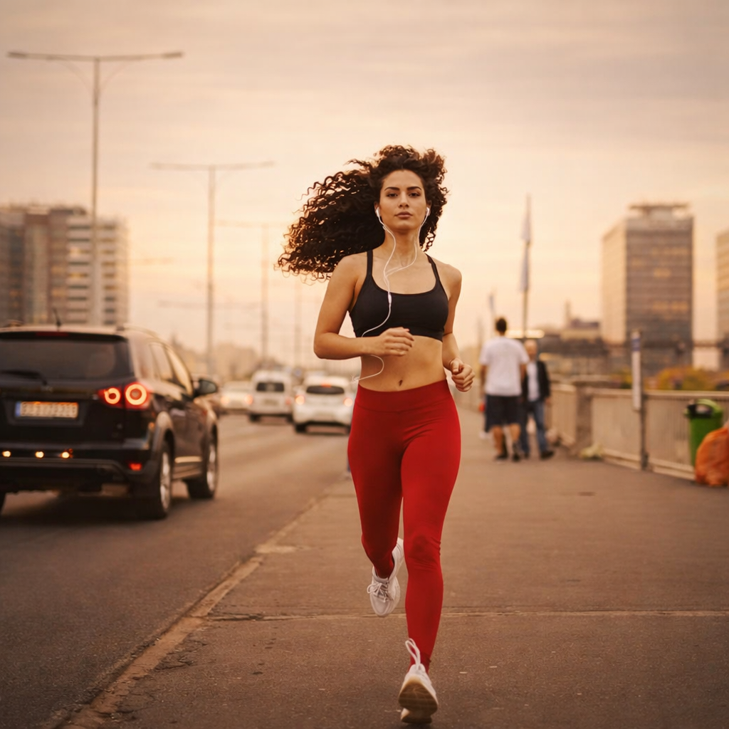 A focused woman with flowing curly