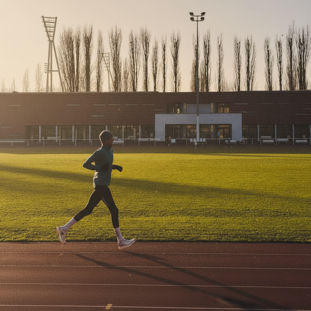A lone runner in dark athletic