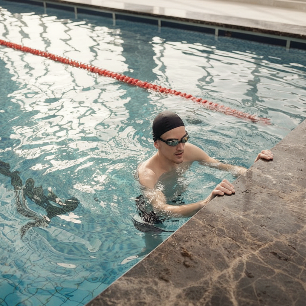 इनडोर स्विमिंग पूल में तैराकी करता हुआ व्यक्ति
