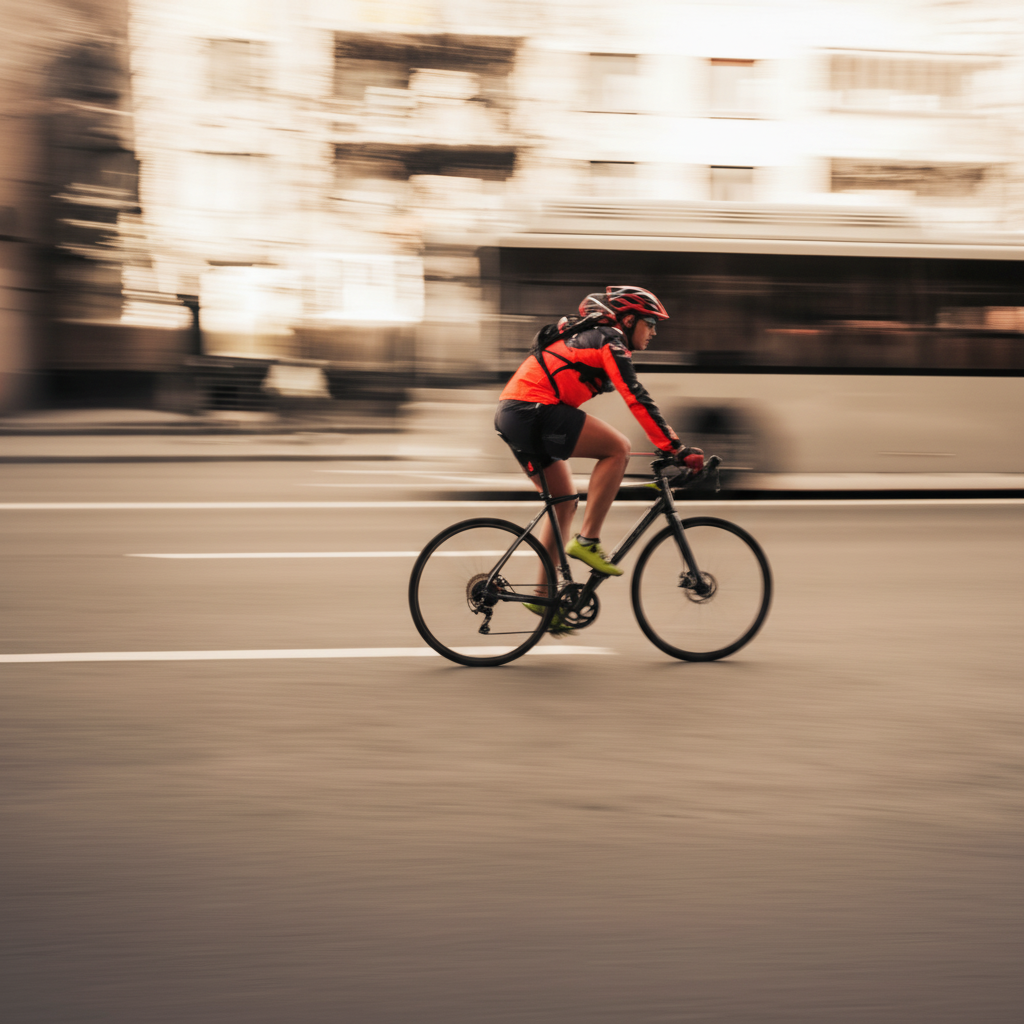 खाली सड़क पर तेज गति से साइकिल चलाता व्यक्ति