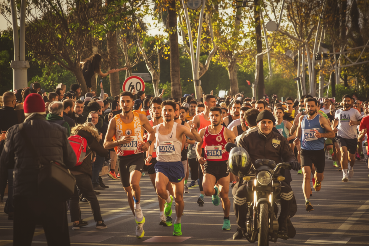 A vibrant marathon scene unfolds with