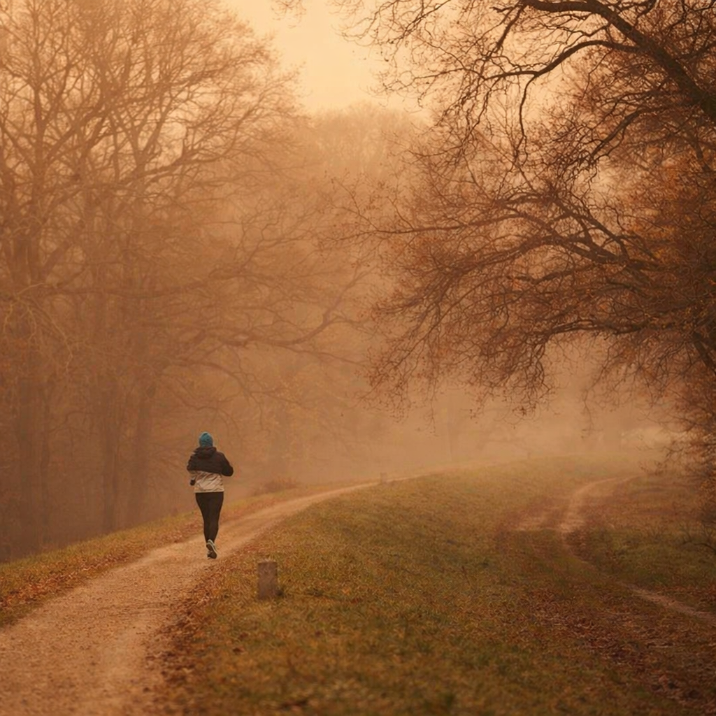 सर्दियों की धुंध भरी सुबह में दौड़ता हुआ धावक