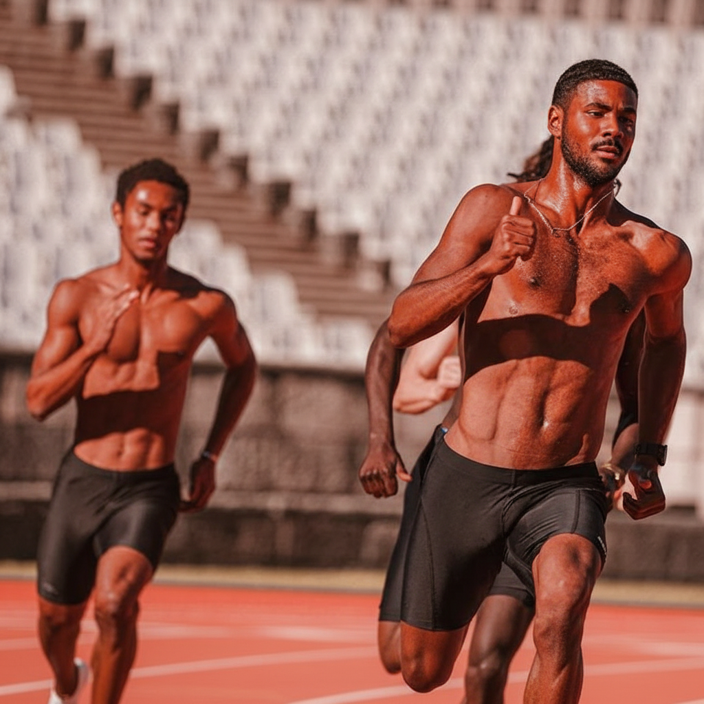 Focused runners in black shorts push